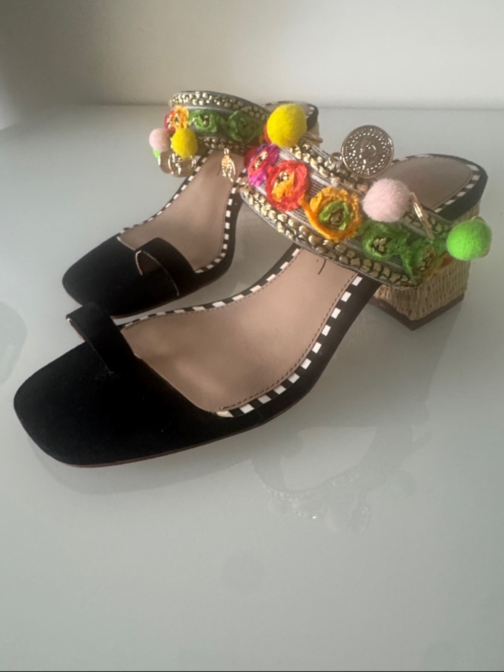 Betsey Johnson Callan Sandals Black Multicolor Coins Pom Poms Size 5.5 - Picture 4 of 10